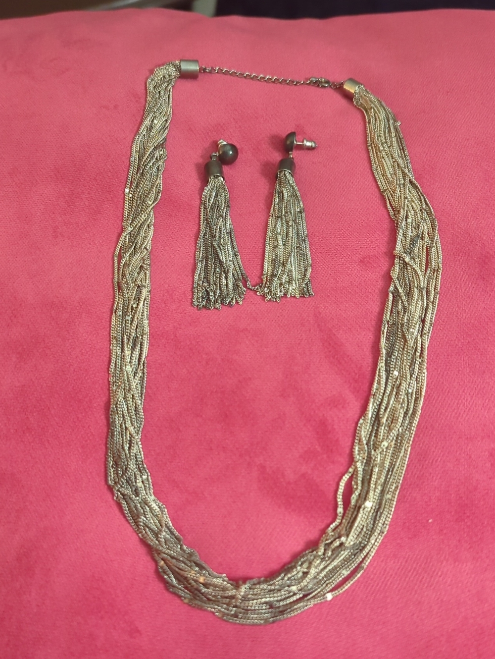 Silver Multi-Strand Tassel Necklace and Earrings Set